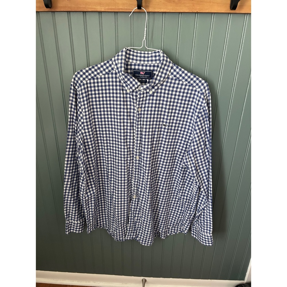 Vineyard‎ Vines Mens XL Shirt Navy Blue White Gingham Check Button Down Cotton